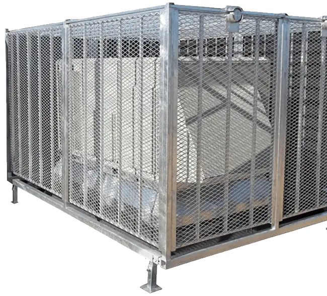 Galvanized steel security cage with expanded metal mesh panels enclosing a rooftop HVAC unit, shown on transparent background
