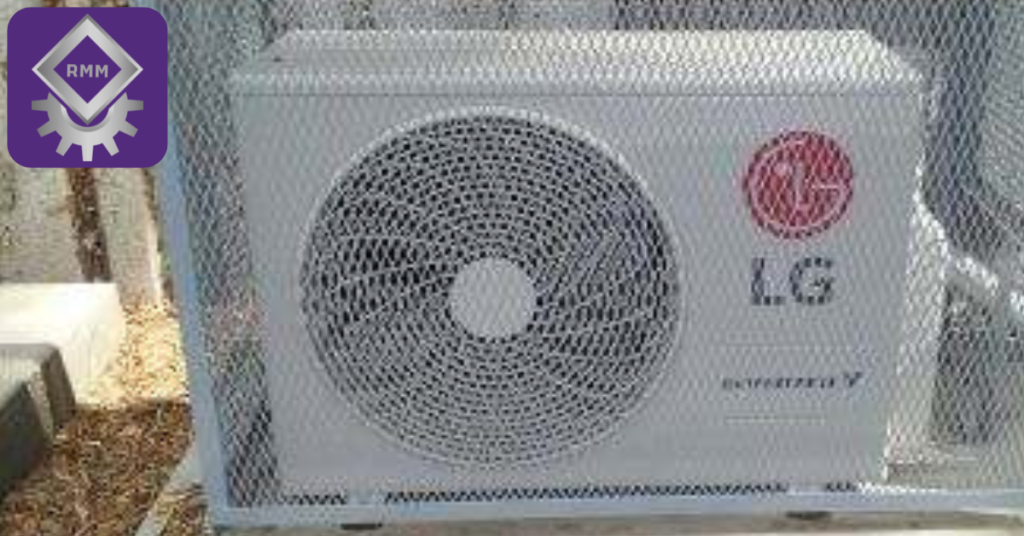 An outdoor LG mini split air conditioner unit enclosed in a protective steel mesh security cage