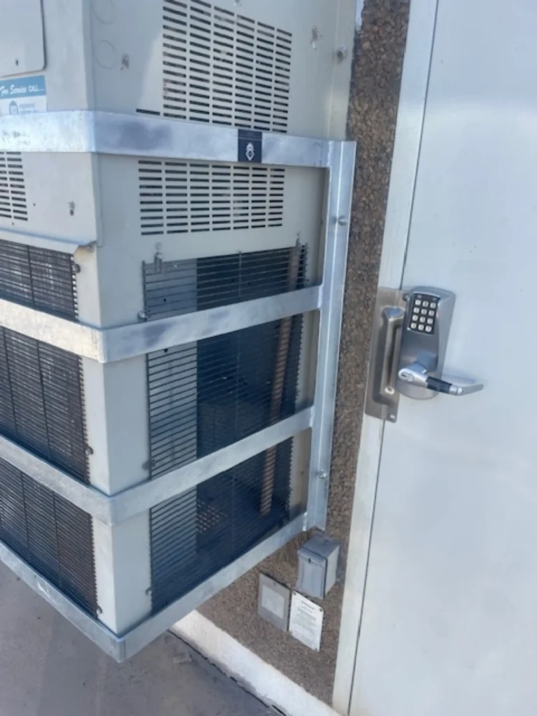 Close-up of galvanized flat bar grid construction with heat-treated corners on a Reese Marine HVAC cage