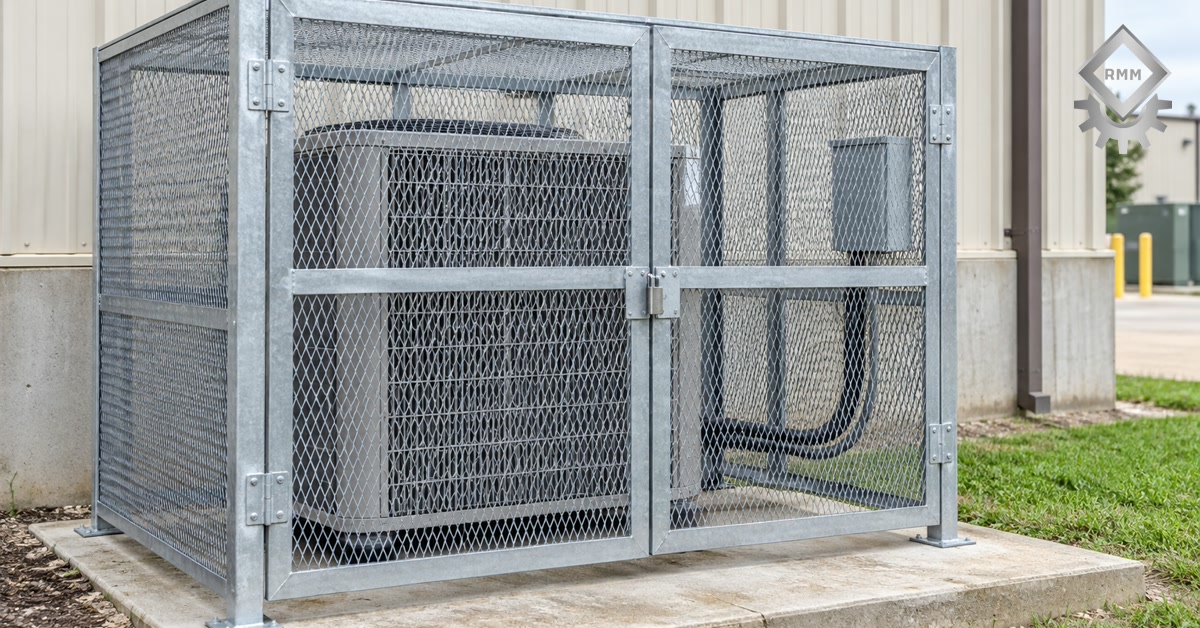 Galvanized steel security cage anchored over a commercial HVAC condenser